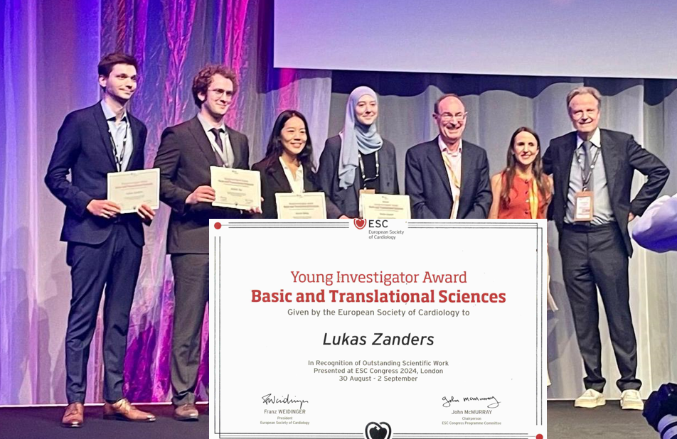 Herr Lukas Zanders, Arzt in Weiterbildung in der Klinik für Kardiologie am Universitären Herzzentrum hat beim diesjährigen Jahreskongress der European Society for Cardiology in London den zweiten Platz beim Young Investigator Award für Grundlagenwissenschaften und Translationale Forschung belegt.