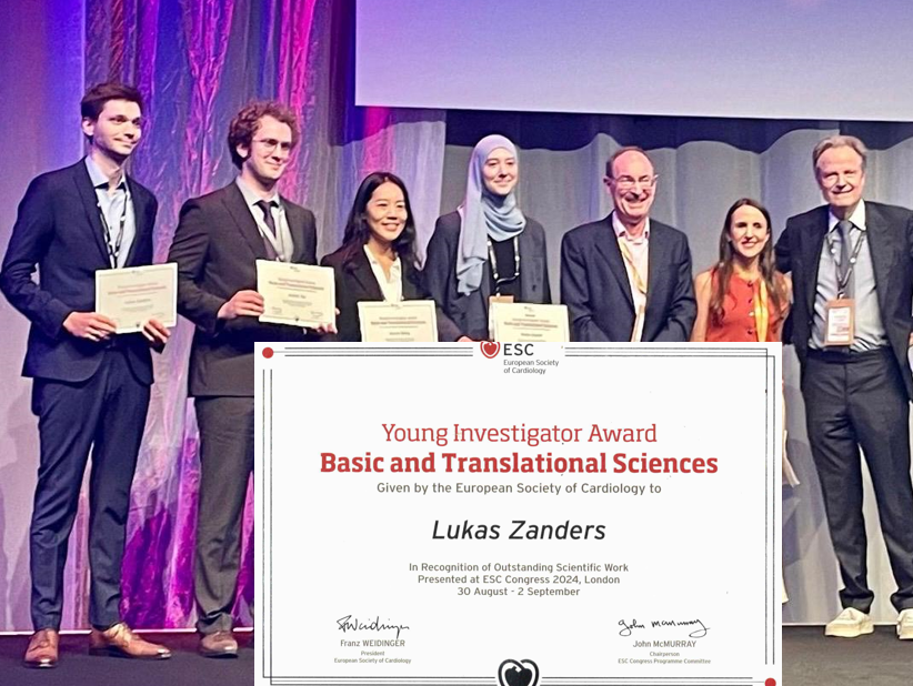 Herr Lukas Zanders, Arzt in Weiterbildung in der Klinik für Kardiologie am Universitären Herzzentrum hat beim diesjährigen Jahreskongress der European Society for Cardiology in London den zweiten Platz beim Young Investigator Award für Grundlagenwissenschaften und Translationale Forschung belegt.